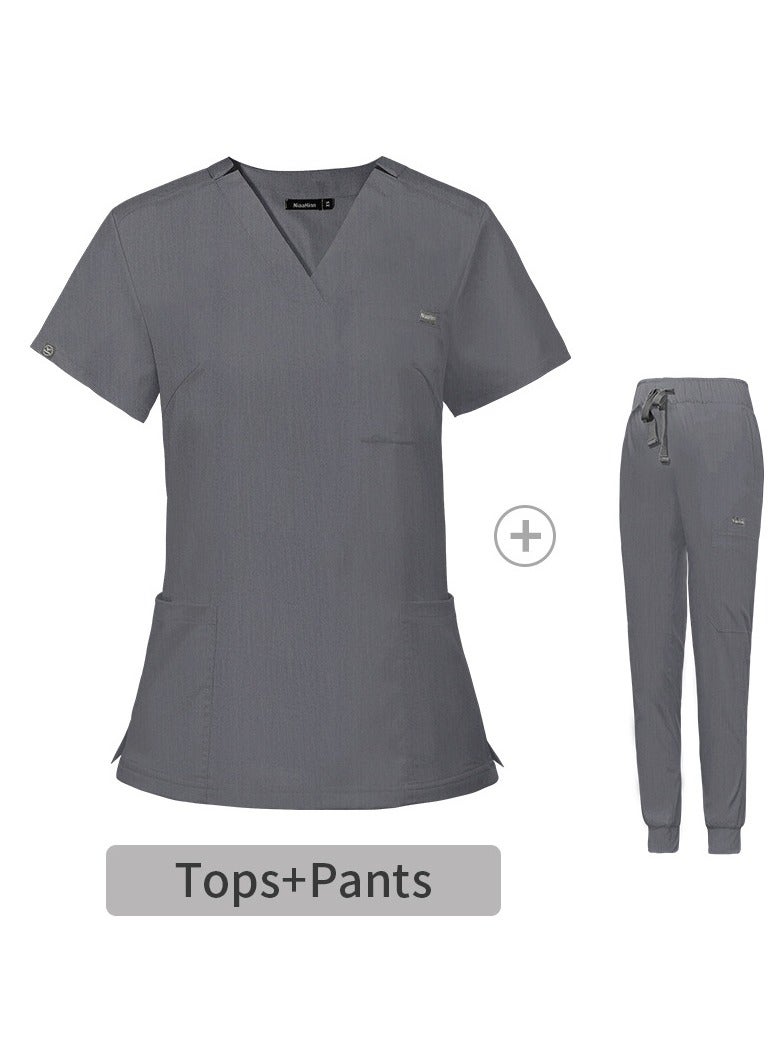 NiaaHinn Premium Solid-Color Unisex Grey Short-Sleeved Scrubs Set - Image 3