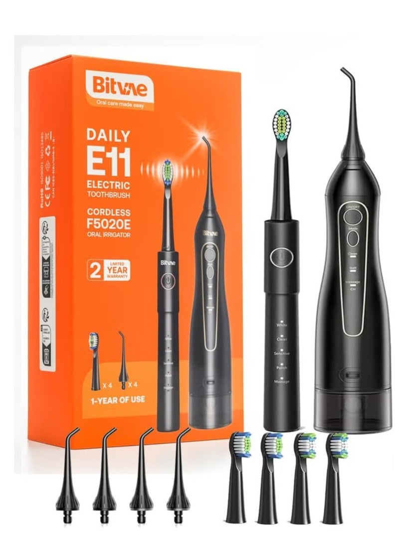 Bitvae Water Flosser Electric Toothbrush Combo | Rechargeable Cordless 2-in-1 Oral Care Solution | IPX7 Waterproof Portable Travel Dental Kit with 5 Brushing Modes, 3 Flossing Modes, 4 Brush Heads & 4 Flosser Nozzles | Professional Whitening Toothbrush & Oral Irrigator for Deep Cleaning, Gum Care, Braces & Implants – Black - Image 1