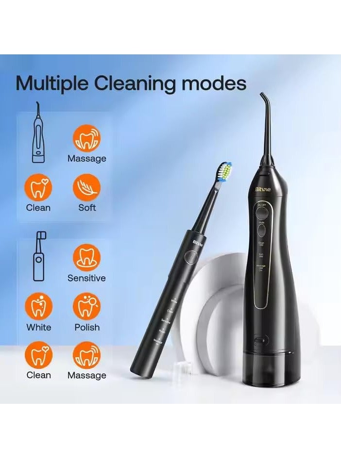 Bitvae Water Flosser Electric Toothbrush Combo | Rechargeable Cordless 2-in-1 Oral Care Solution | IPX7 Waterproof Portable Travel Dental Kit with 5 Brushing Modes, 3 Flossing Modes, 4 Brush Heads & 4 Flosser Nozzles | Professional Whitening Toothbrush & Oral Irrigator for Deep Cleaning, Gum Care, Braces & Implants – Black - Image 2