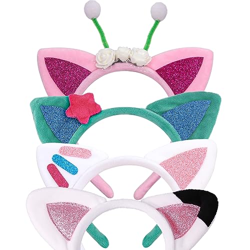 Creatoy Cat Ears Headbands 4pcs Kids Birthday Party Accessories Flannel Cartoon Cosplay Headpiece Glitter Hair Clips for Girls Halloween Supplies - Image 1