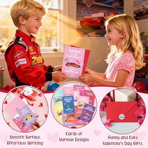 TICIAGA 72pcs Valentine’s Day Racing Car Greeting Cards with Envelop and Sticker for Kid, 4 x 6 IN Adorable Race Car Notecard Exchange Gift for Boy Girl School Classroom Supply, Valentines Party Favor - Image 4