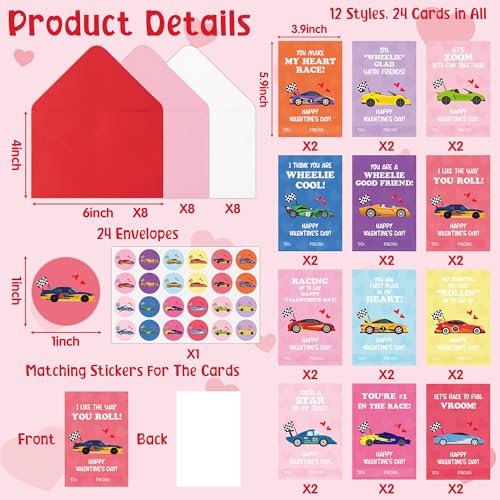 TICIAGA 72pcs Valentine’s Day Racing Car Greeting Cards with Envelop and Sticker for Kid, 4 x 6 IN Adorable Race Car Notecard Exchange Gift for Boy Girl School Classroom Supply, Valentines Party Favor - Image 2