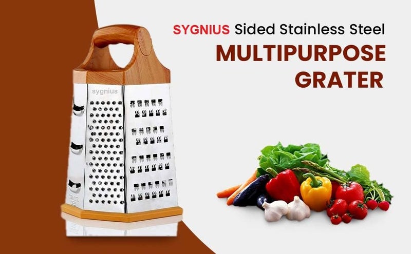 SYGNIUS 6-Sided Stainless Steel Multipurpose Grater and Slicer Wood Finish for Cut Vegetables, Ginger,Cucumbers, Carrots, Potatoes - Image 3