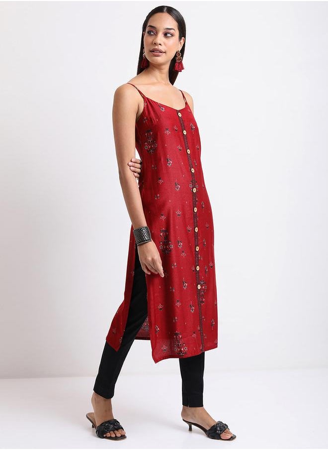 Vishudh - Women Red & Navy blue Ethnic Printed Shoulder Straps Kurta by Styli - Image 1