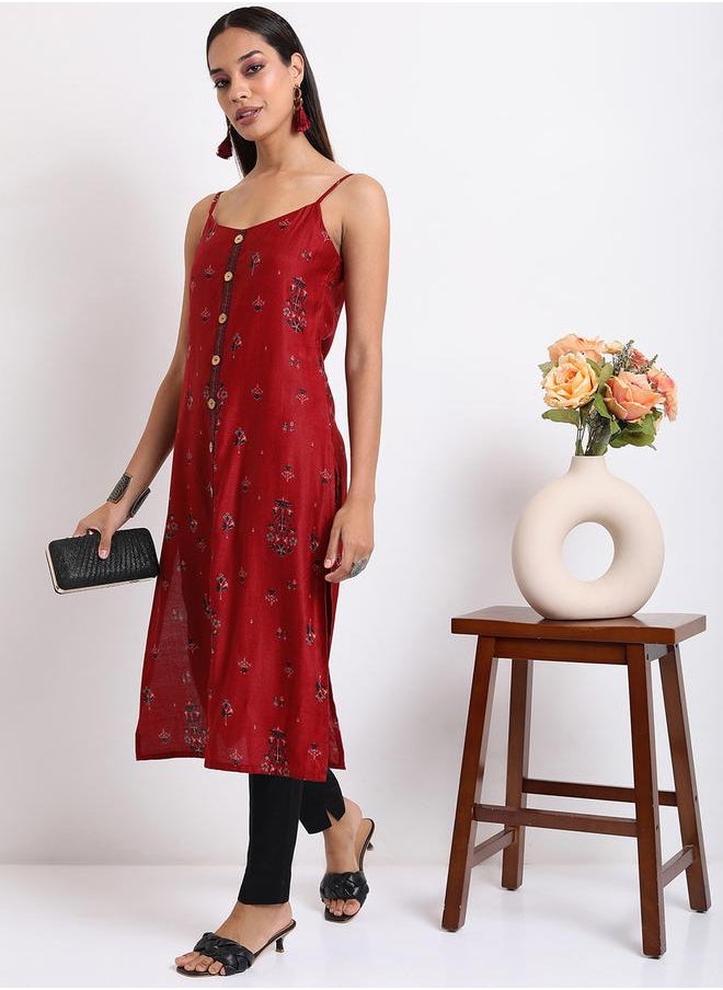 Vishudh - Women Red & Navy blue Ethnic Printed Shoulder Straps Kurta by Styli - Image 1