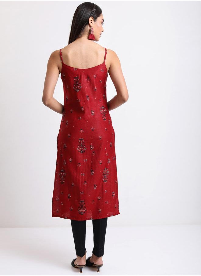 Vishudh - Women Red & Navy blue Ethnic Printed Shoulder Straps Kurta by Styli - Image 1