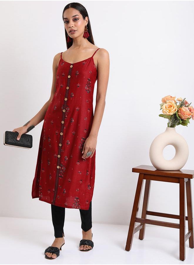 Vishudh - Women Red & Navy blue Ethnic Printed Shoulder Straps Kurta by Styli - Image 1