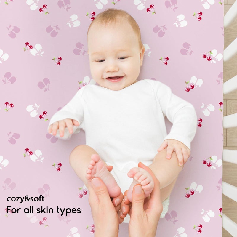 Yoofoss Pack and Play Sheets Fitted, Mini Crib Sheets 2-Pack for Pack N Play Mattress, Stretchy Playard Sheet, Soft and Breathable (Pink+Cherry) - Image 4