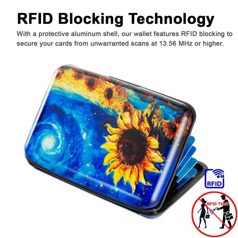 Kaabao Credit Card Holder Small RFID Blocking Wallet Business Metal Slim Mini Aluminum Hard Case for Women Men (Starry Night Sunflowers) - Image 2