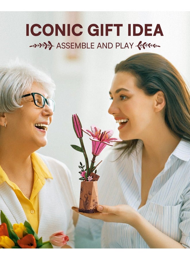 RoWood Wooden Flower Kit,Diy Artifical Flower Building Set Craft Kit For Adults,Mother'S Day/Valentine'S Day For Mom/Women/Grandma-Pink Lily  - Image 4