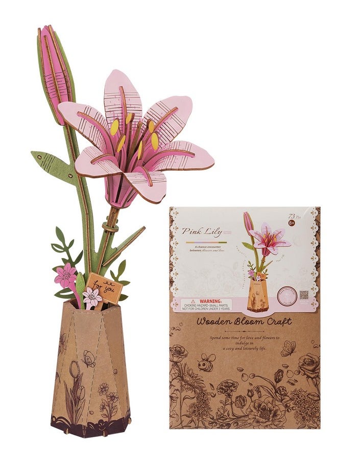 RoWood Wooden Flower Kit,Diy Artifical Flower Building Set Craft Kit For Adults,Mother'S Day/Valentine'S Day For Mom/Women/Grandma-Pink Lily  - Image 1