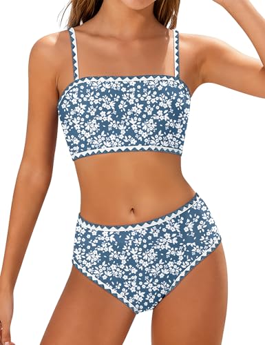 ADIFUN Girls Swimsuits, Teen Bathing Suits for Girl 12-14 Adjustable Shoulder Straps with Chest Pad Bikini with Cover Up Skirt Swimwear Set Gray Blue Flower - Image 1
