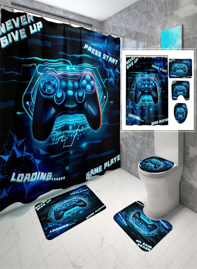 Jiospet 4 Pcs Game Shower Curtain Set for Boys - Gamer Controller Bathroom Sets Boys, Gamepad Bathroom Sets with Shower Curtain and Rugs Gaming Decor with 12 Hooks, 70" x 70" - Image 1