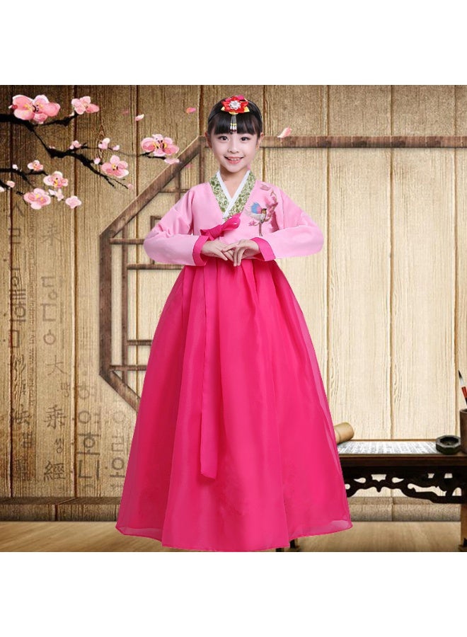 Loquat Girl Korean Traditional Long Sleeve Hanbok Dress Cosplay Costume Pink Top+Rose Red Long Skirt+Hairpin - Image 1
