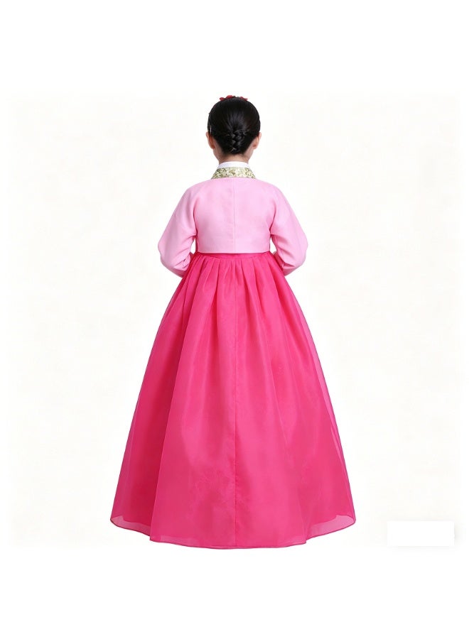 Loquat Girl Korean Traditional Long Sleeve Hanbok Dress Cosplay Costume Pink Top+Rose Red Long Skirt+Hairpin - Image 3