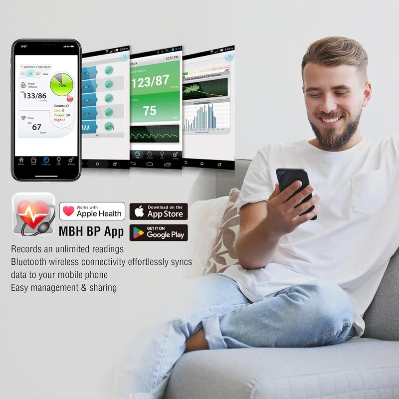 Mbh جهاز قياس ضغط الدم اللاسلكي بلوتوث من MbH مع كفة للذراع العلوية للاستخدام المنزلي، كشف IHB و AF، خفيف الوزن وقابل للحمل، يتضمن تطبيقًا لنظامي iOS و Android - Image 5