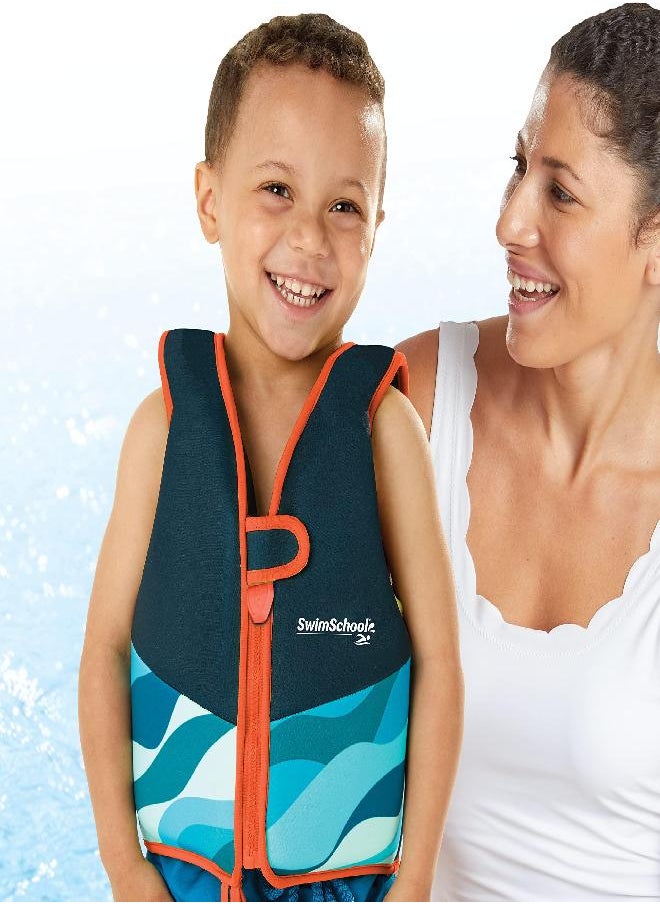SwimSchool - New SWIMSCHOOL Neoprene Premium Swim Trainer Vest - Medium/Large Up to 50 Lbs. - Easy On & Off Kids Swim Vest and Adjustable Safety Strap - Blue/Black/Green Wave - Image 1