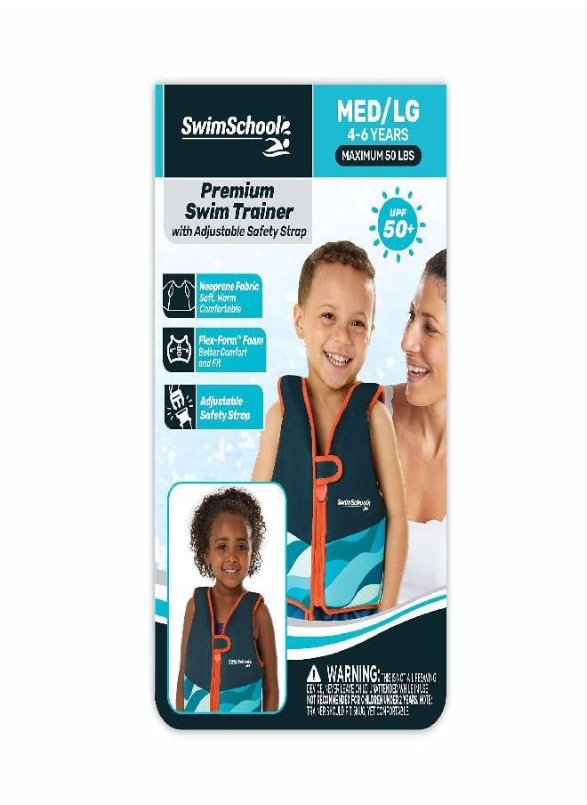SwimSchool - New SWIMSCHOOL Neoprene Premium Swim Trainer Vest - Medium/Large Up to 50 Lbs. - Easy On & Off Kids Swim Vest and Adjustable Safety Strap - Blue/Black/Green Wave - Image 1