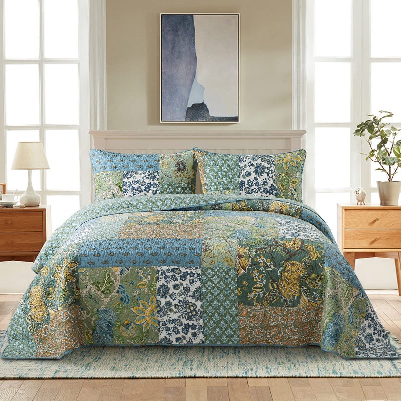 NEWLAKE Cotton Patchwork Bedspread 3Piece Bedding Quilt Set with Real Stitched Embroidery Reversible Matelasse Bed Coverlet SetGreen Farmhouse GardenKing Size