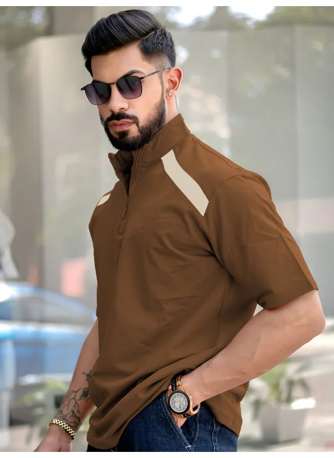 مانياك Mens Solid Henley Neck 3/4th Sleeve Brown and Beige 3/4th Zipper Cotton T-Shirt