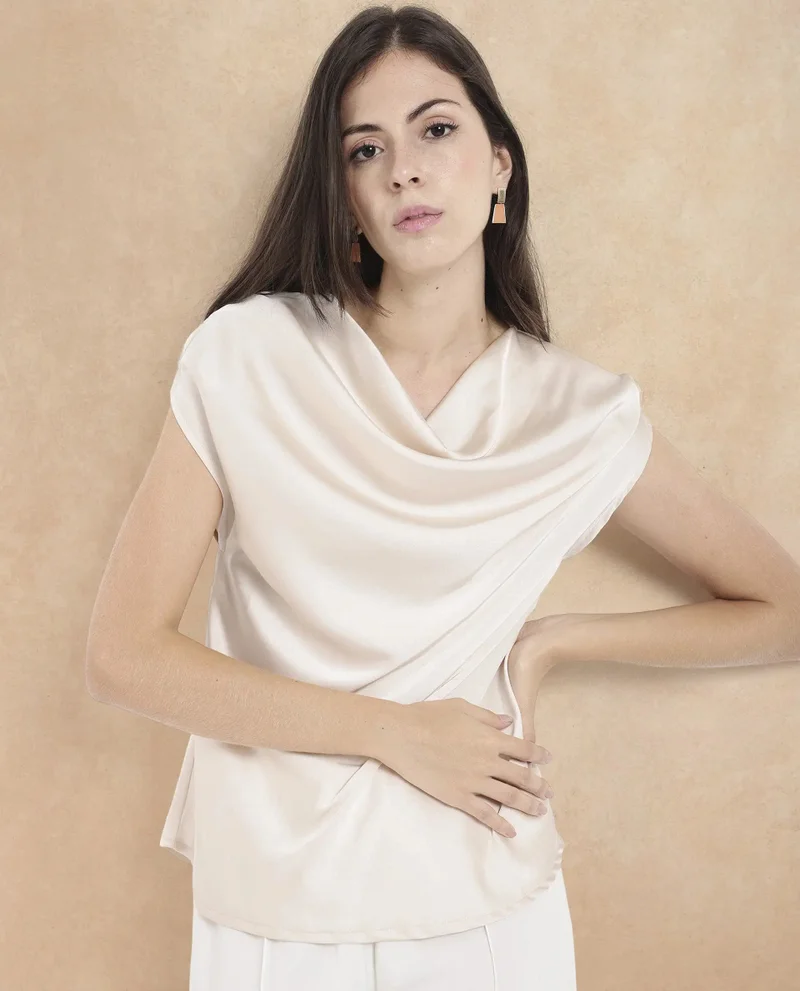 Rareism Women's Satin Cap Sleeve Top With Cowl Neck