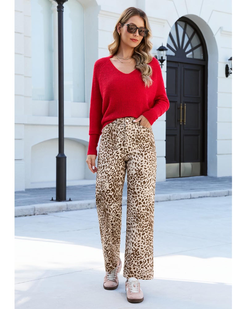 LookbookStore Womens Jeans High Waisted Wide Leg Leopard Print Jeans Winter Outfits for Women Sandshell Leopard Size Large Size 12 14 - Image 5