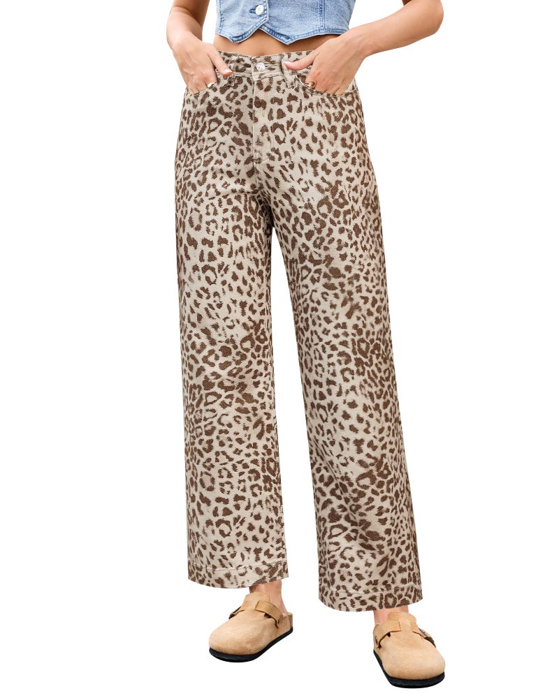 LookbookStore Womens Jeans High Waisted Wide Leg Leopard Print Jeans Winter Outfits for Women Sandshell Leopard Size Large Size 12 14 - Image 1