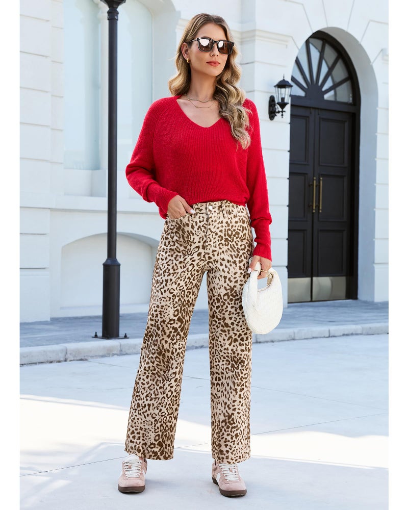 LookbookStore Womens Jeans High Waisted Wide Leg Leopard Print Jeans Winter Outfits for Women Sandshell Leopard Size Large Size 12 14 - Image 4