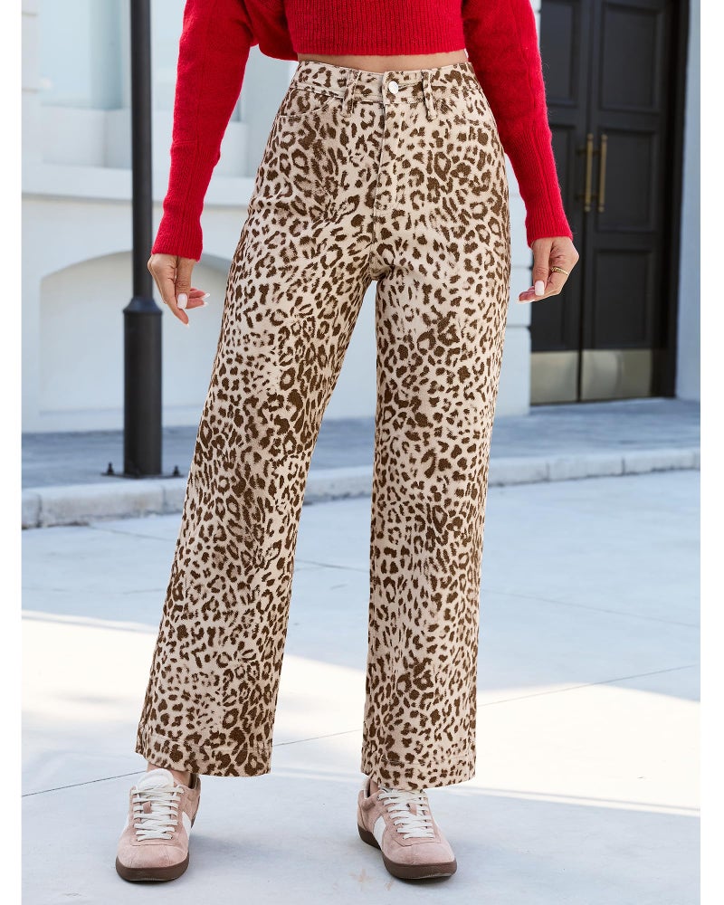LookbookStore Womens Jeans High Waisted Wide Leg Leopard Print Jeans Winter Outfits for Women Sandshell Leopard Size Large Size 12 14 - Image 2