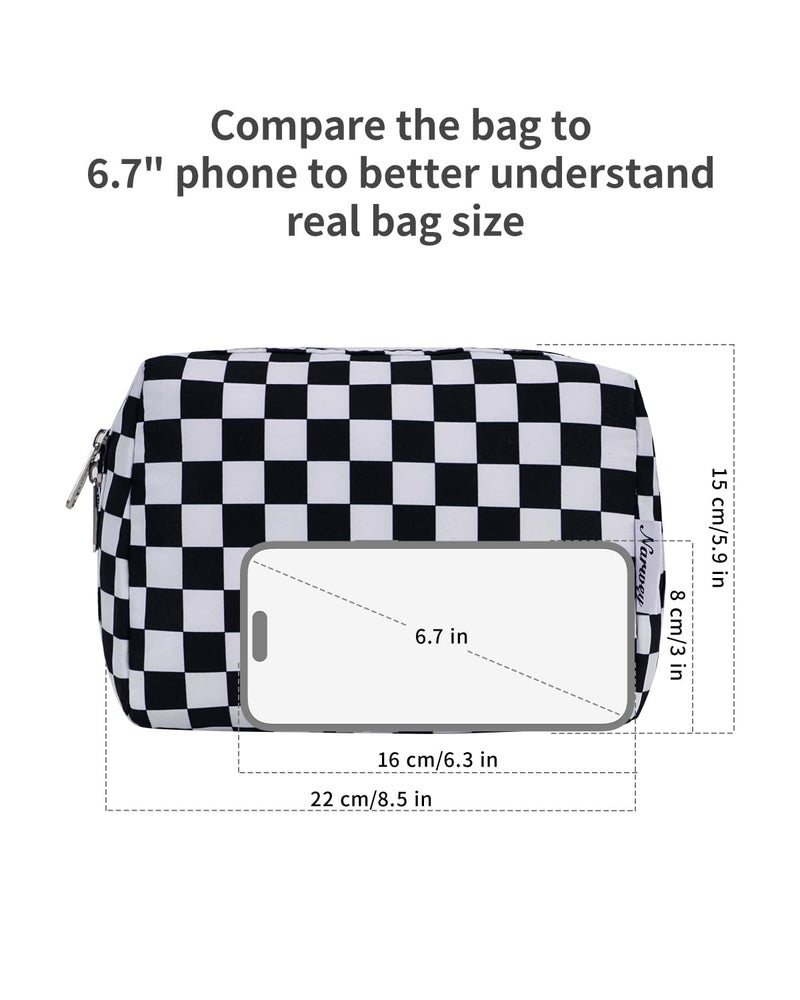 Narwey Checkered Makeup Bag Travel Cosmetic Bag Organizer Toiletry Bag Make Up Bags with Compartments for Women Girls (Large, Black Checkerboard) - Image 5