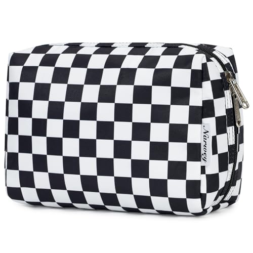 Narwey Checkered Makeup Bag Travel Cosmetic Bag Organizer Toiletry Bag Make Up Bags with Compartments for Women Girls (Large, Black Checkerboard) - Image 1