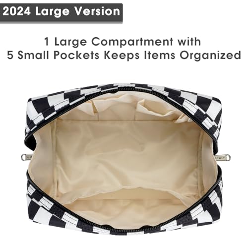 Narwey Checkered Makeup Bag Travel Cosmetic Bag Organizer Toiletry Bag Make Up Bags with Compartments for Women Girls (Large, Black Checkerboard) - Image 4
