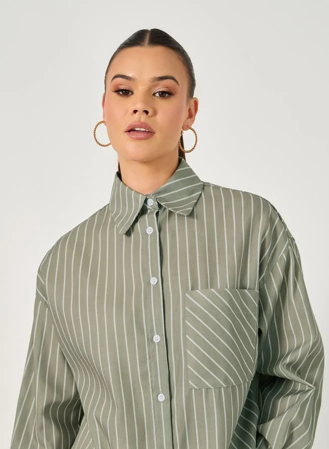 Styli  Styli Striped Long Sleeve Oversized Shirt with Pocket for Women | Best Price UAE