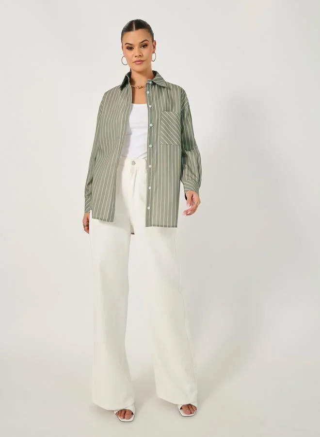 Styli  Styli Striped Long Sleeve Oversized Shirt with Pocket for Women | Best Price UAE