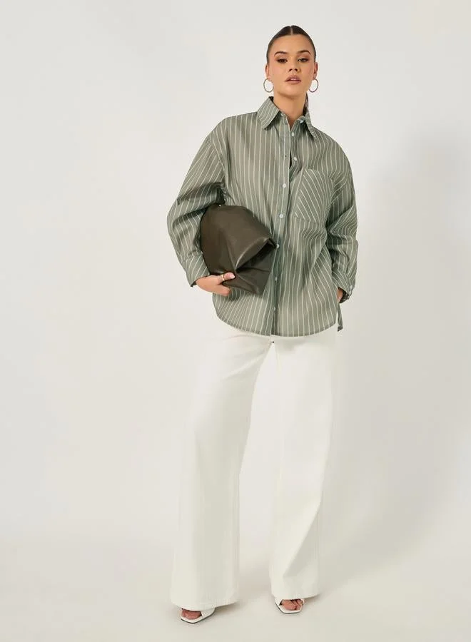 Styli  Styli Striped Long Sleeve Oversized Shirt with Pocket for Women | Best Price UAE