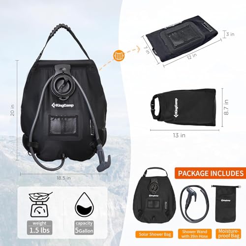 KingCamp Solar Shower Bag, Leak-Proof Design Camping Shower Bag with Thermometer, Removable Hose & Switchable Shower Head, 5 gallon/20L - Image 2