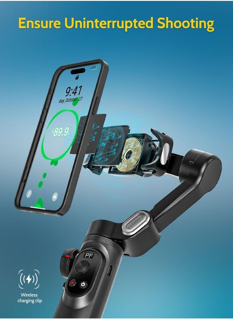 AOCHUAN X PRO Gimbal Stabilizer for Smartphone, Gimbal w/Wireless Charging iPhone Gimbal for iPhone 15 Pro Max/Android Foldable 3-Axis Handheld Phone Gimbal for Video Recording Face Tracking (Black)