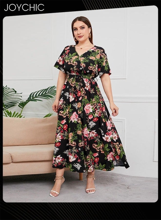 Joychic Women Plus Size Summer Floral Print Dresses Short Sleeve V Neck Maxi Breathable Long Dress - Image 1