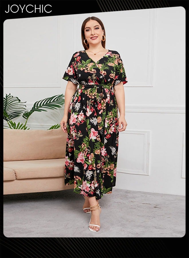 Joychic Women Plus Size Summer Floral Print Dresses Short Sleeve V Neck Maxi Breathable Long Dress - Image 2