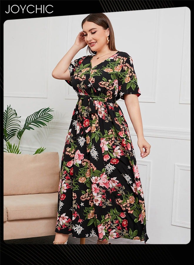 Joychic Women Plus Size Summer Floral Print Dresses Short Sleeve V Neck Maxi Breathable Long Dress - Image 3