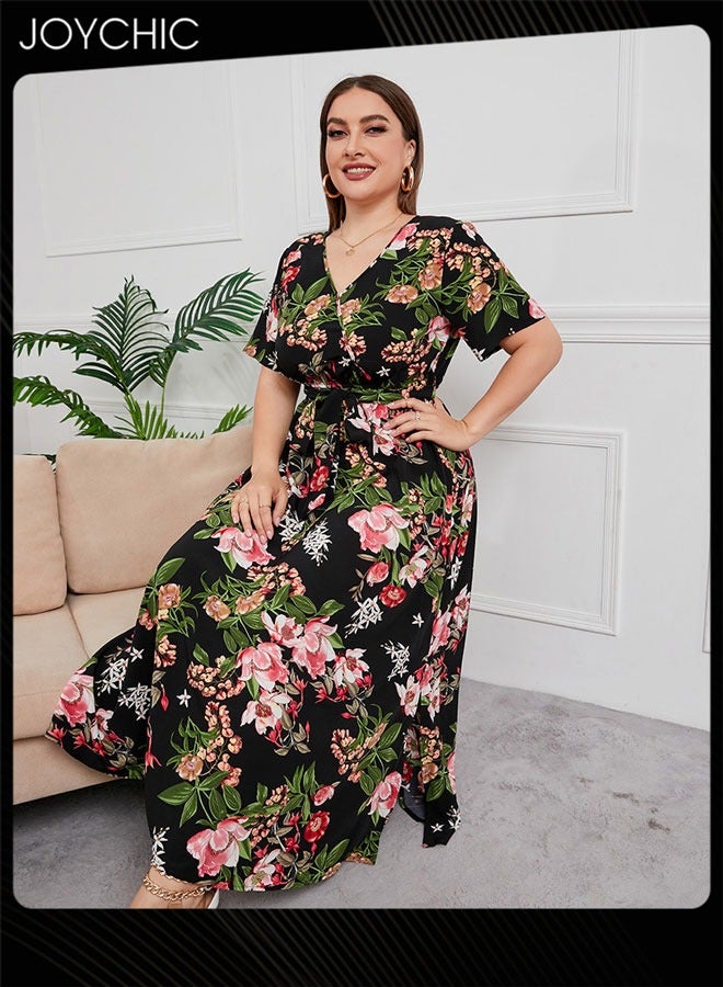 Joychic Women Plus Size Summer Floral Print Dresses Short Sleeve V Neck Maxi Breathable Long Dress - Image 4