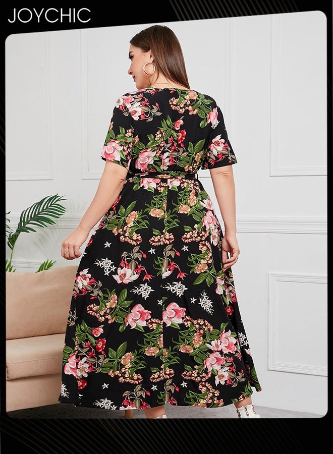 Joychic Women Plus Size Summer Floral Print Dresses Short Sleeve V Neck Maxi Breathable Long Dress - Image 5