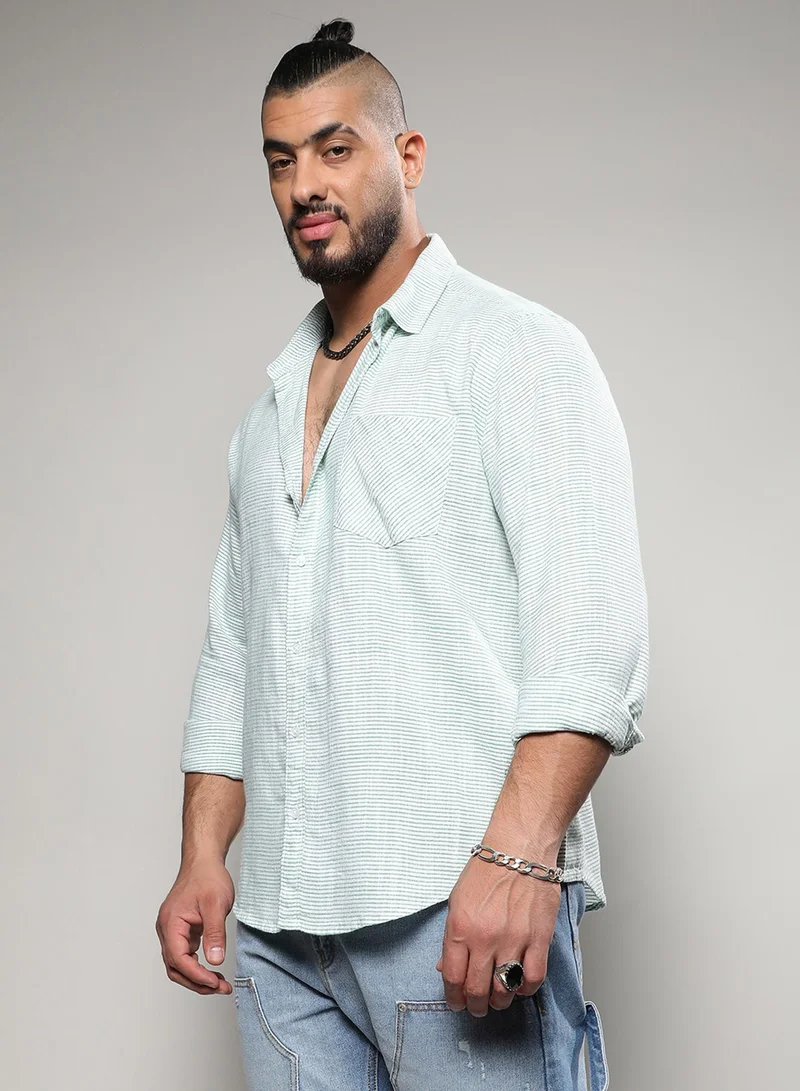 Instafab Plus Instafab Plus Men's White & Green Horizontal Chalk Striped Shirt For Casual Wear | Spread Collar | Long Sleeve | Button Closure | Cotton Viscose Shirts Crafted With Comfort Fit For Everyday Wear