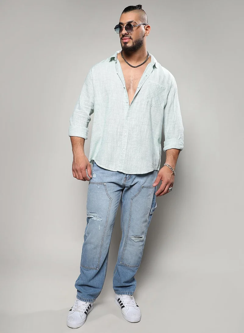 Instafab Plus Instafab Plus Men's White & Green Horizontal Chalk Striped Shirt For Casual Wear | Spread Collar | Long Sleeve | Button Closure | Cotton Viscose Shirts Crafted With Comfort Fit For Everyday Wear