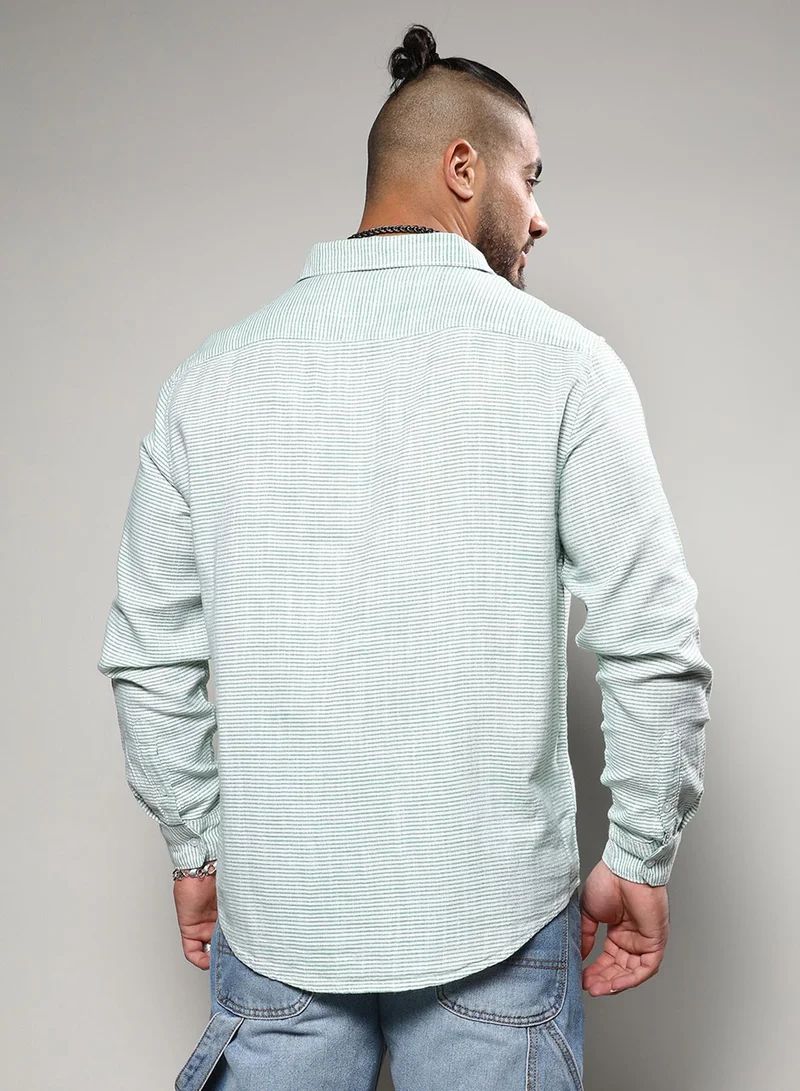 Instafab Plus Instafab Plus Men's White & Green Horizontal Chalk Striped Shirt For Casual Wear | Spread Collar | Long Sleeve | Button Closure | Cotton Viscose Shirts Crafted With Comfort Fit For Everyday Wear