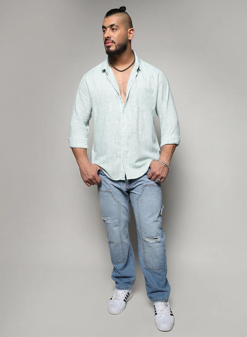 Instafab Plus Instafab Plus Men's White & Green Horizontal Chalk Striped Shirt For Casual Wear | Spread Collar | Long Sleeve | Button Closure | Cotton Viscose Shirts Crafted With Comfort Fit For Everyday Wear
