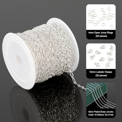 UMAOKANG 32.8 Feet Silver Jewelry Chain for Jewelry Making Silver Plated Brass Chain Roll Women Necklace Bracelet DIY Embossed Oval Cable Chain - Image 2