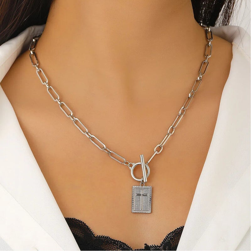 ofeankri Cross Square Pendant Necklace and Earrings Set OT Clasp Paperclip Chain Clavicle Chain