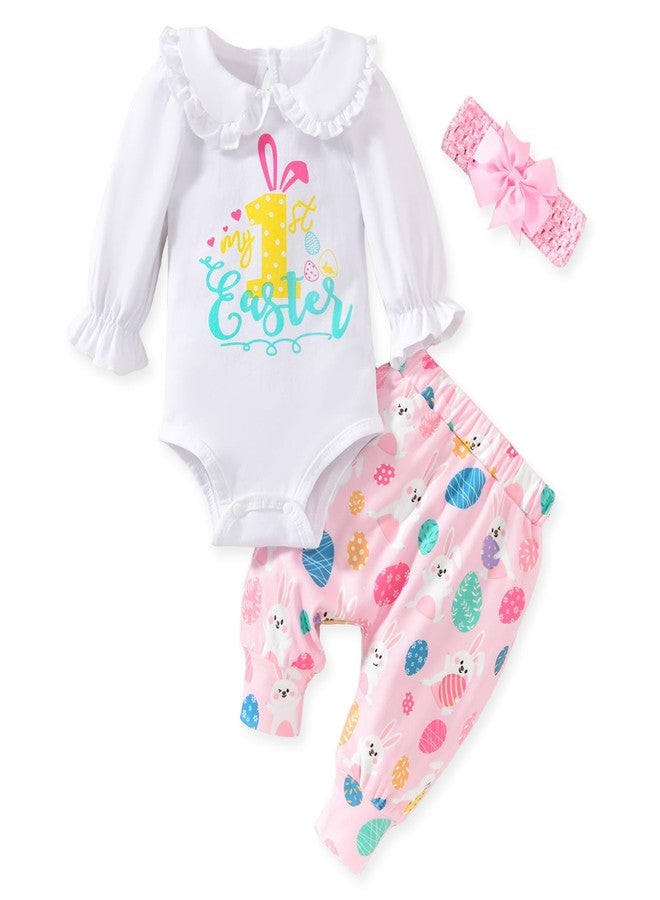 KOZBY 6-12 Months Baby Girl My First Easter Bunny Eggs Printed Clothes Infant Doll Collar Long Sleeve Rabbit Outfits Pant Sets White - Image 1