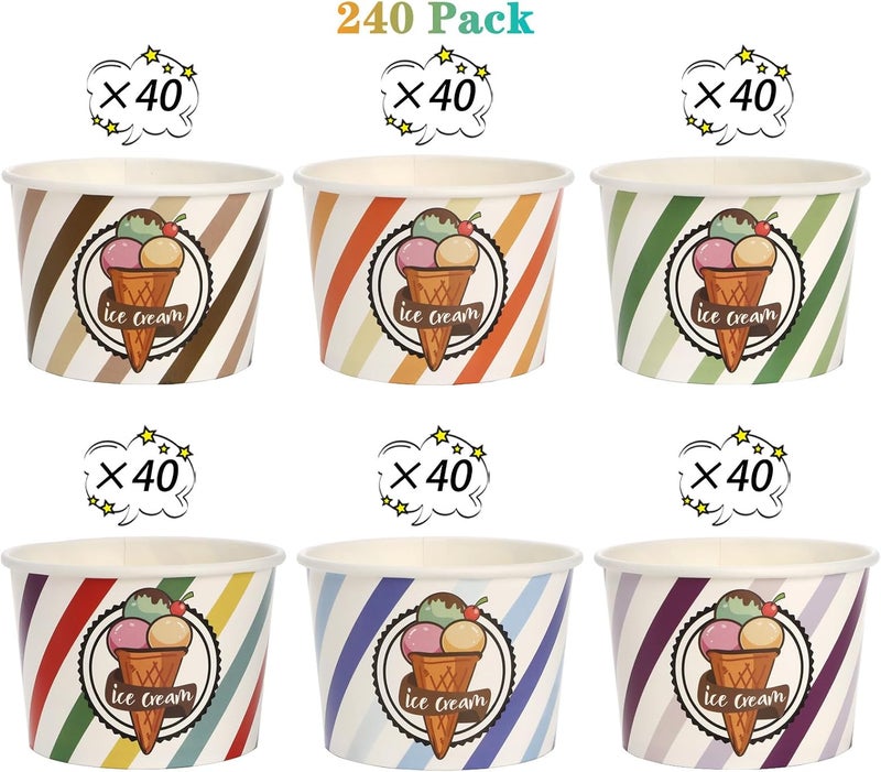 DEAYOU 200 Pack Paper Ice Cream Cups, 8 oz Disposable Dessert Bowls, Treat Cups for Sundae, Parfaits, Frozen Yogurt, Soup, Snack, Party Supplies, Rainbow Stripes - Image 4